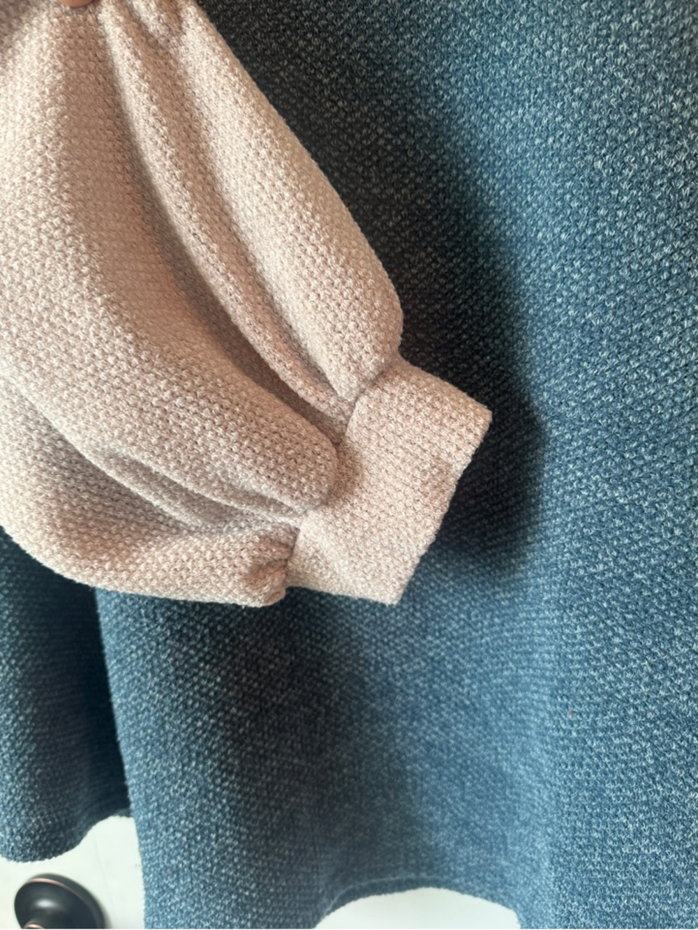 BiBi Blue Scoop Neck Colorblock Lightweight Sweater with Cream & Mustard Sleeves - Picture 5 of 6